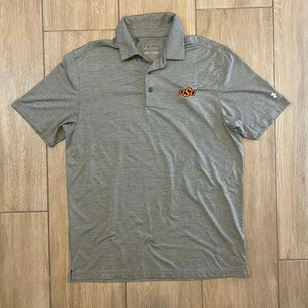 Under Armour Oklahoma State Cowboys Polo Mens M Gray OSU HeatGear Golf Shirt